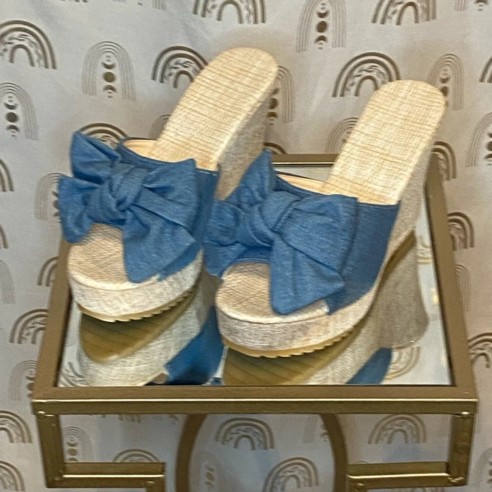Espadrille Wedge Slide Sandals | Denim Bow | Size 9